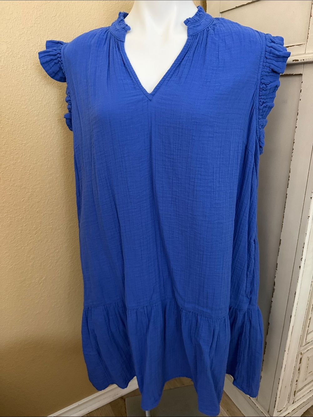 St. John's Bay Cobalt Blue Ruffle Sleeve V-Neck Dress